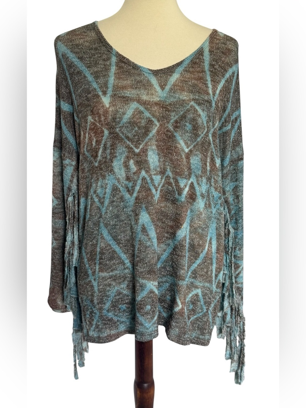 T Party Fringed Aztec Women's Western Boho Longsleeve Sweater - Blue Brown